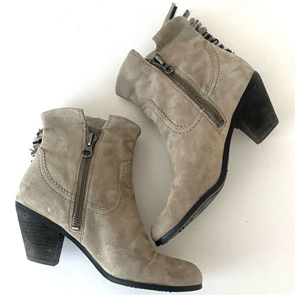 Sam Edelman Taup Leather Fringe Heeled Bootie Sz 9.5 Boho Chic Western Cowgirl - Picture 3 of 12